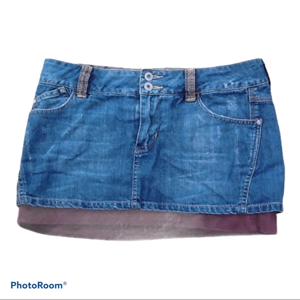 Refuge Y2K Distressed Blue Jean Denim Sweater Cuff Mini Skirt Grunge Country